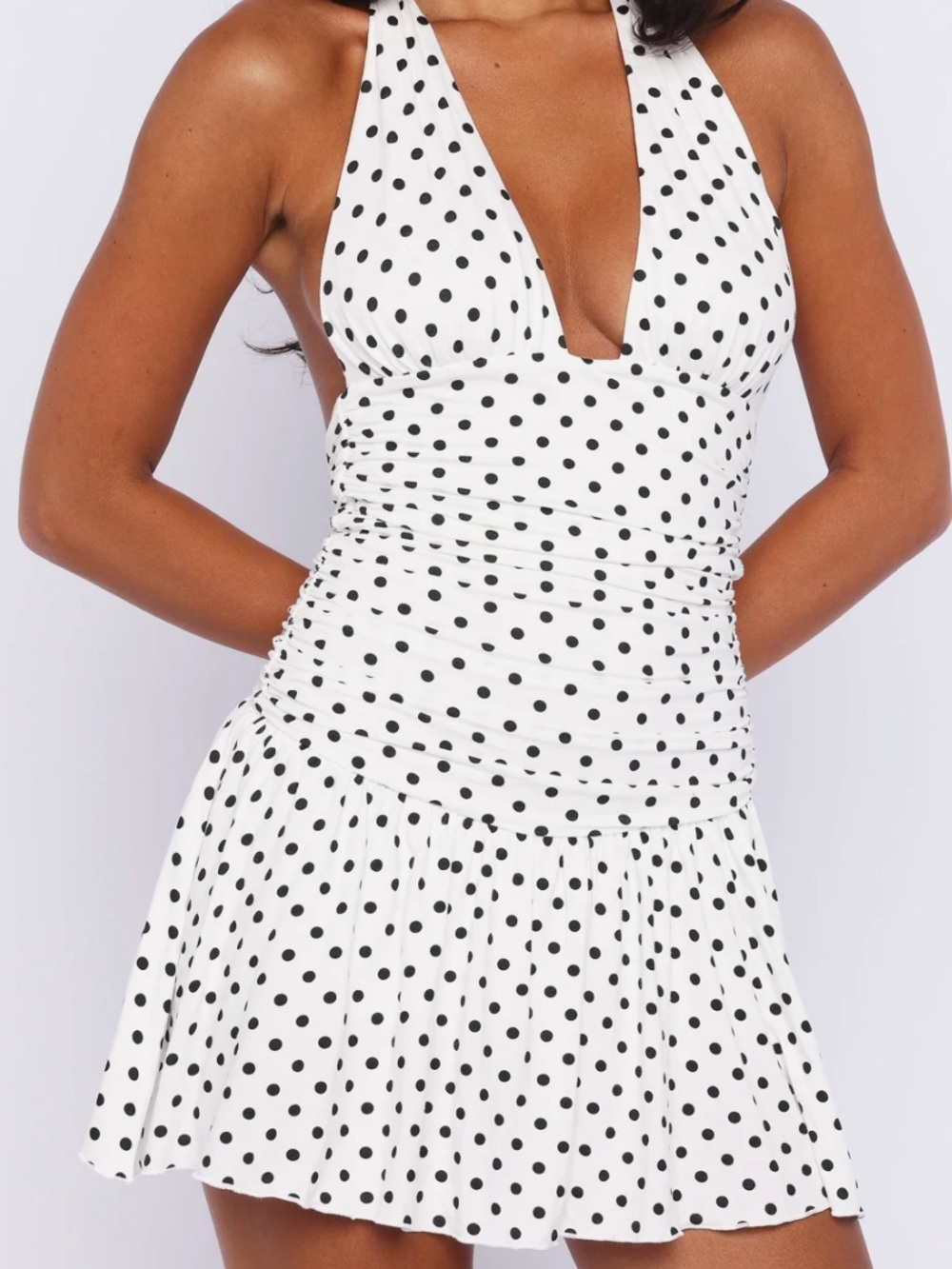 White & Black Polka Dot Halter Mini Dress